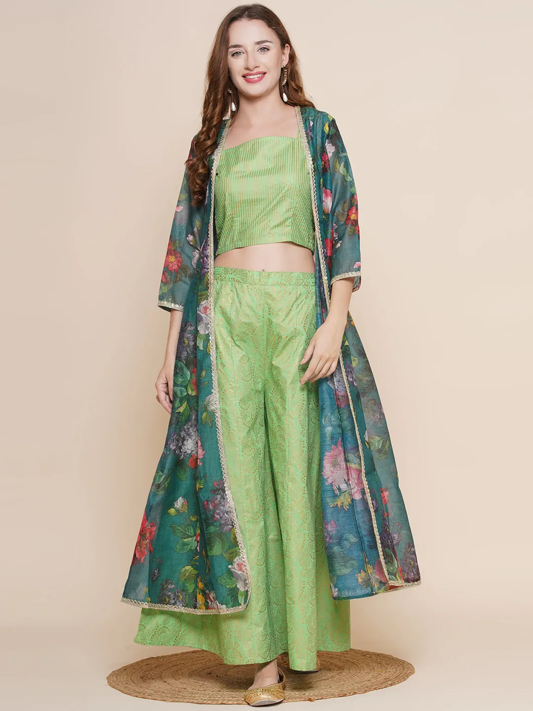 Green Floral printed Jacket, Camisole with Palazzos