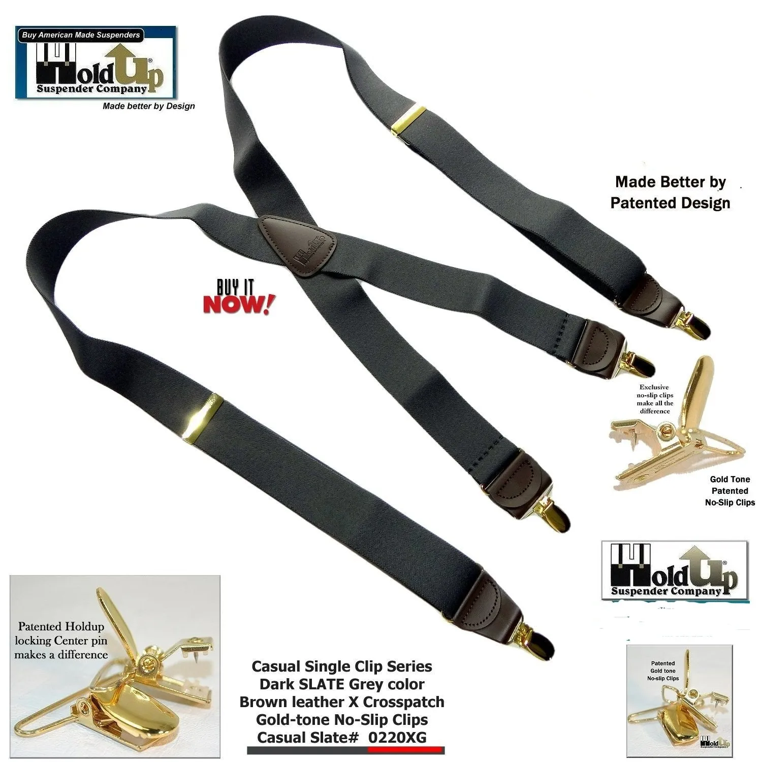 Hold-Ups Slate Gray 1 1/2" wide Suspenders in X-back with USA Patented No-slip Gold Clips