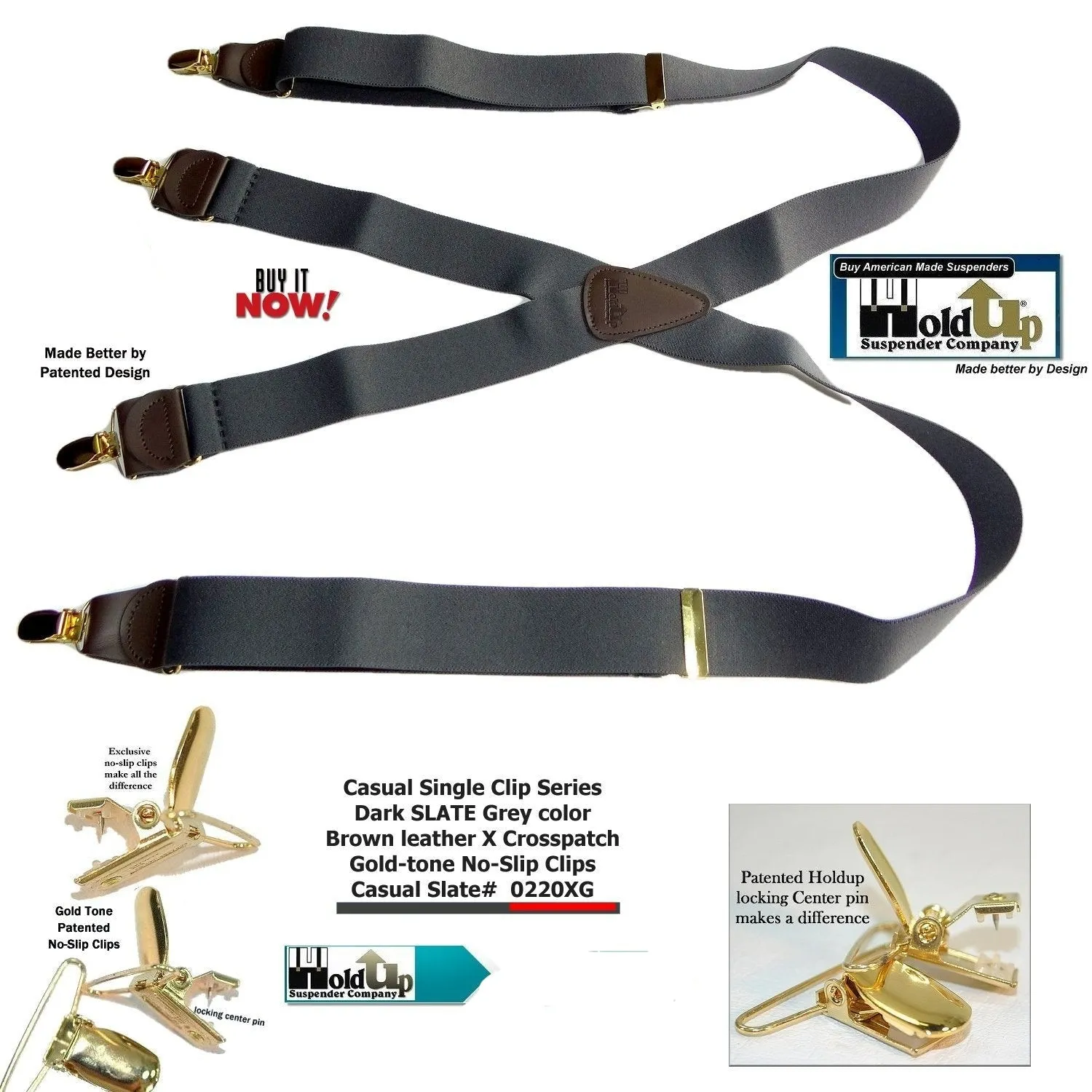 Hold-Ups Slate Gray 1 1/2" wide Suspenders in X-back with USA Patented No-slip Gold Clips