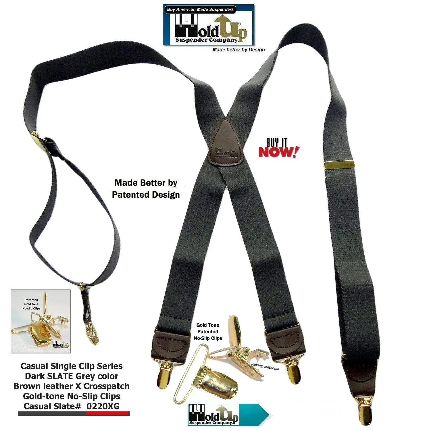 Hold-Ups Slate Gray 1 1/2" wide Suspenders in X-back with USA Patented No-slip Gold Clips