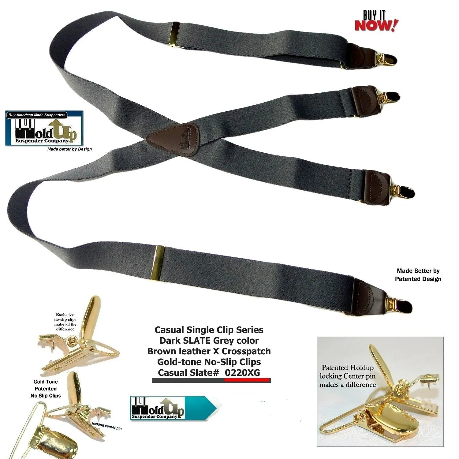 Hold-Ups Slate Gray 1 1/2" wide Suspenders in X-back with USA Patented No-slip Gold Clips