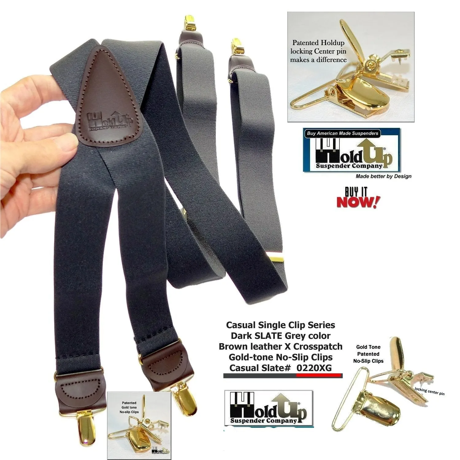 Hold-Ups Slate Gray 1 1/2" wide Suspenders in X-back with USA Patented No-slip Gold Clips