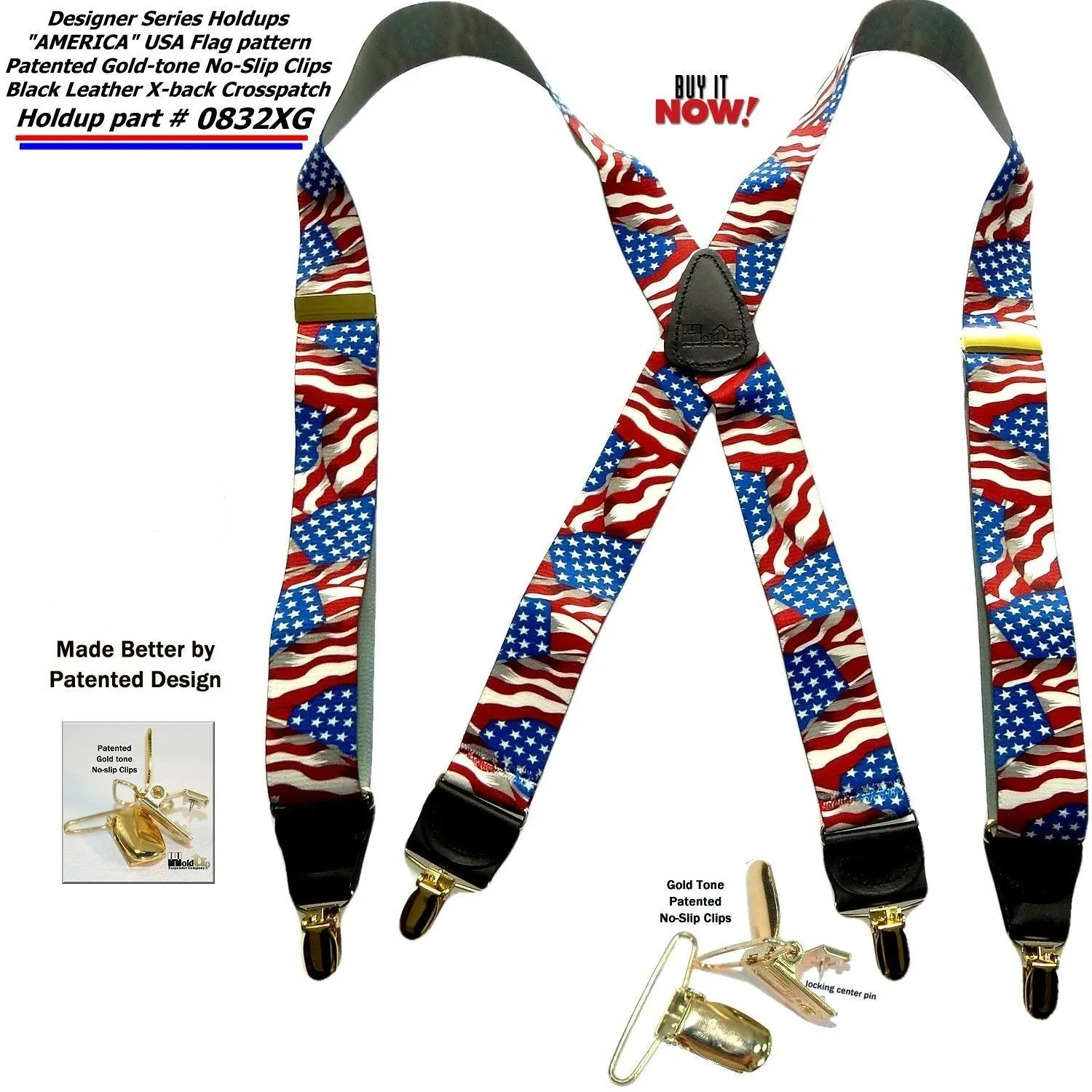 Holdup Brand America Flag Pattern Designer series X-back Suspenders with USA Patented No-slip Silver Clips