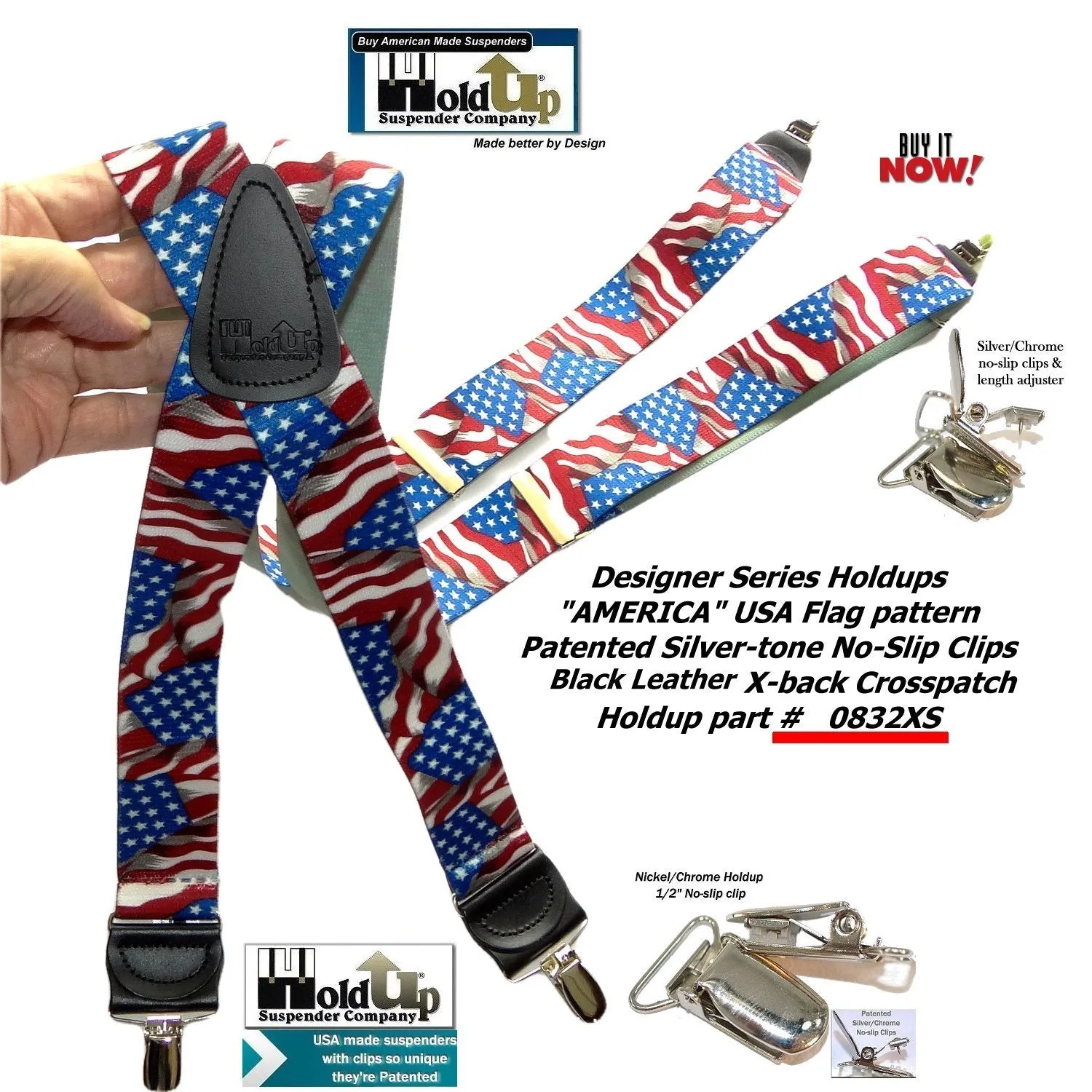 Holdup Brand America Flag Pattern Designer series X-back Suspenders with USA Patented No-slip Silver Clips