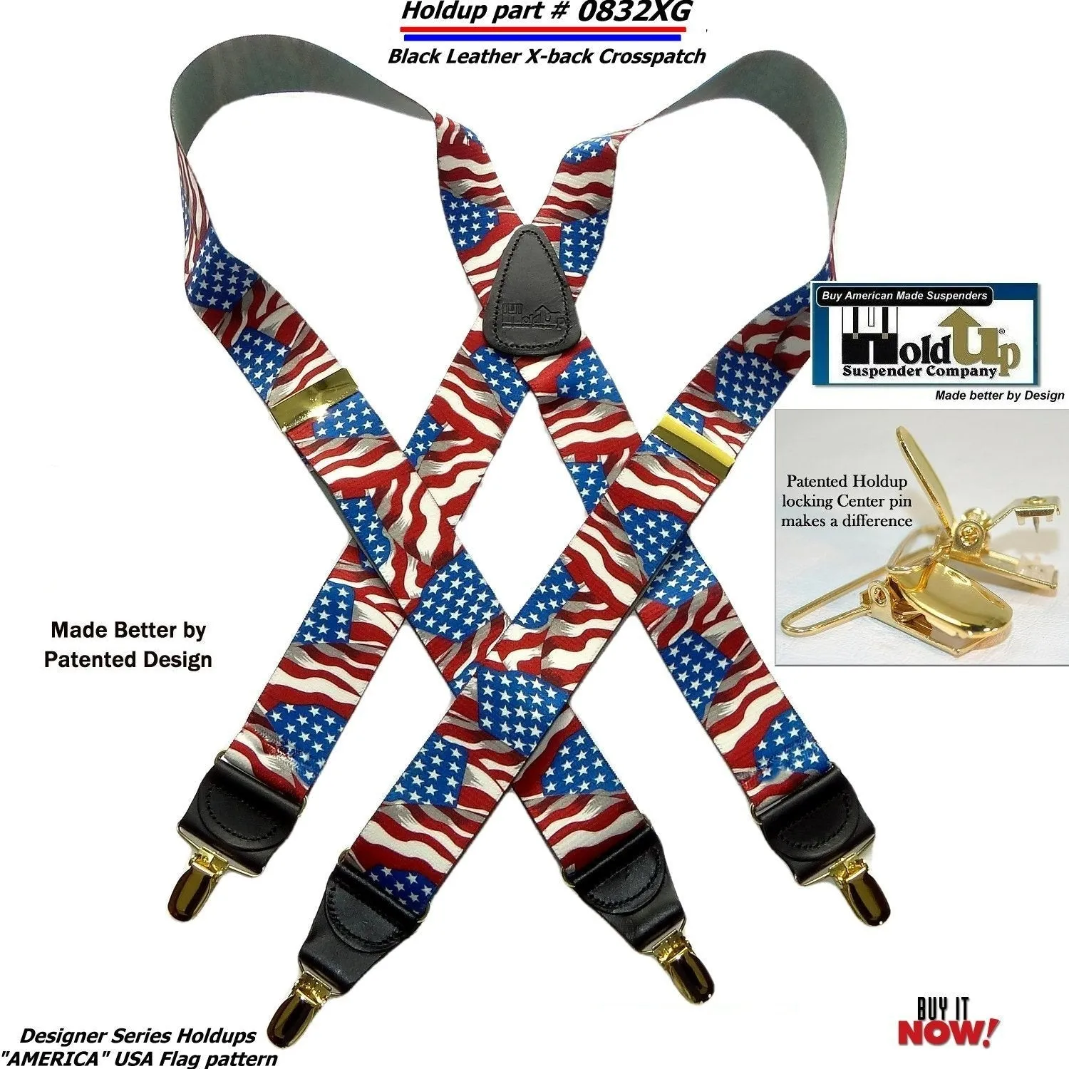 Holdup Brand America Flag Pattern Designer series X-back Suspenders with USA Patented No-slip Silver Clips