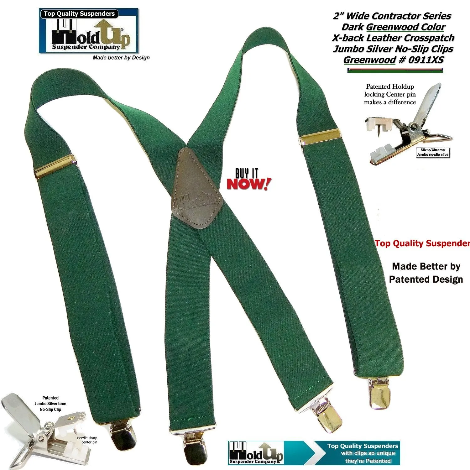 Holdup Brand Heavy Duty Dark Green X-back Work Suspenders with USA patented Jumbo No-Slips Clips