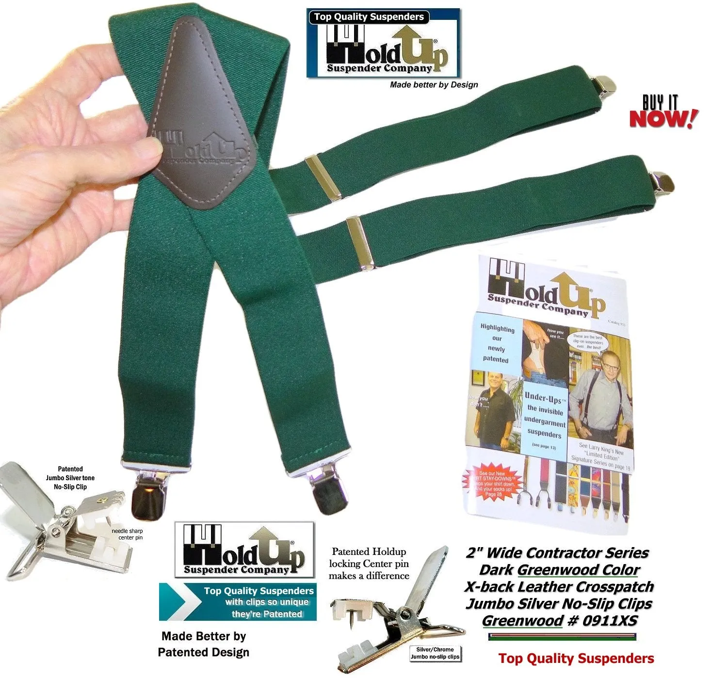 Holdup Brand Heavy Duty Dark Green X-back Work Suspenders with USA patented Jumbo No-Slips Clips