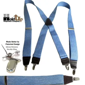 Holdup Brand Light Blue Denim color Suspenders with 1 1/2" wide straps in X-back styles with USA Patented No-slip Silver Clips