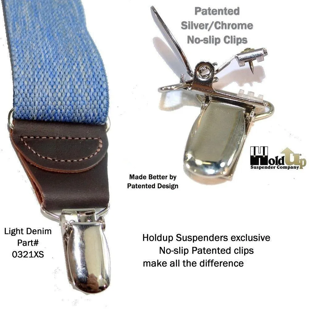 Holdup Brand Light Blue Denim color Suspenders with 1 1/2" wide straps in X-back styles with USA Patented No-slip Silver Clips