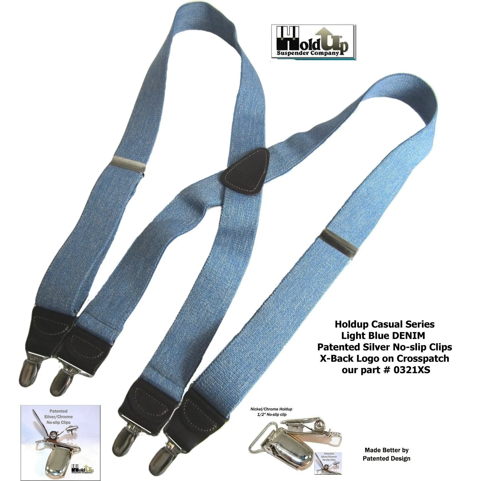 Holdup Brand Light Blue Denim color Suspenders with 1 1/2" wide straps in X-back styles with USA Patented No-slip Silver Clips