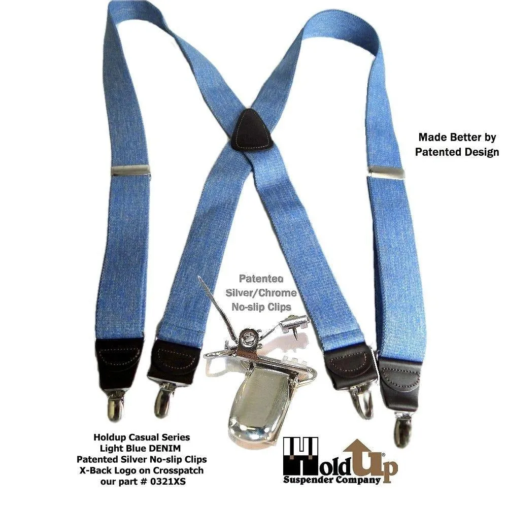 Holdup Brand Light Blue Denim color Suspenders with 1 1/2" wide straps in X-back styles with USA Patented No-slip Silver Clips