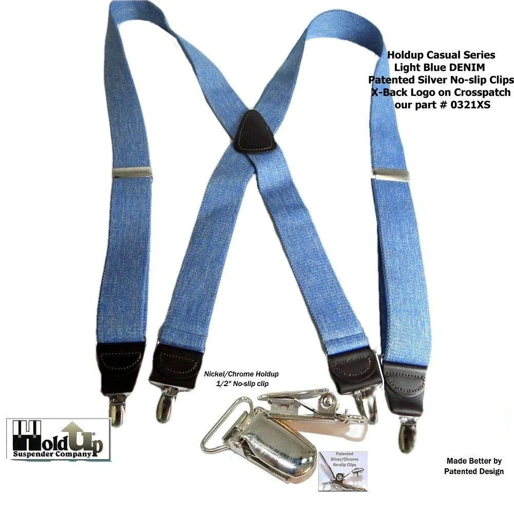 Holdup Brand Light Blue Denim color Suspenders with 1 1/2" wide straps in X-back styles with USA Patented No-slip Silver Clips