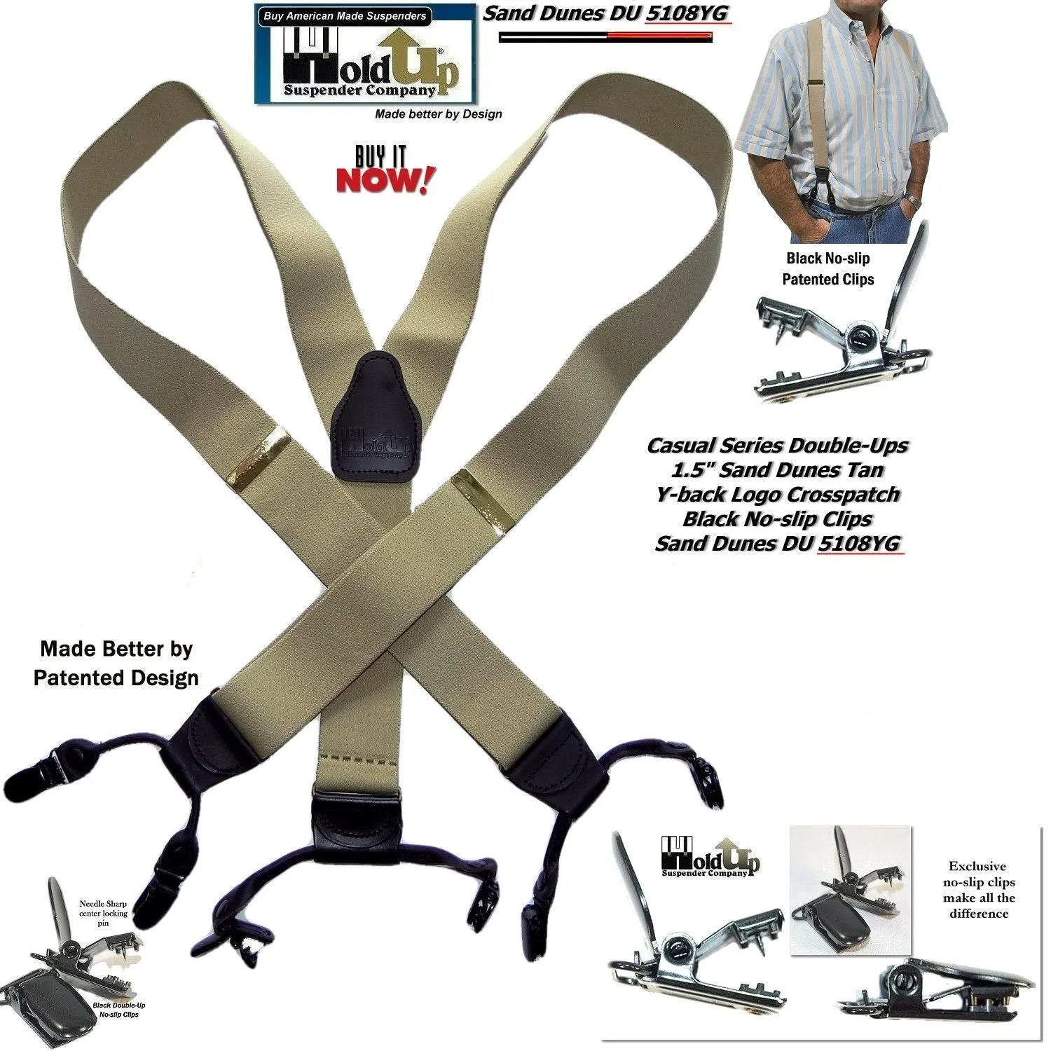 Holdup Light Tan Sand Dunes Color Double-Up Style Suspenders With Black USA Patented No-slip Clips