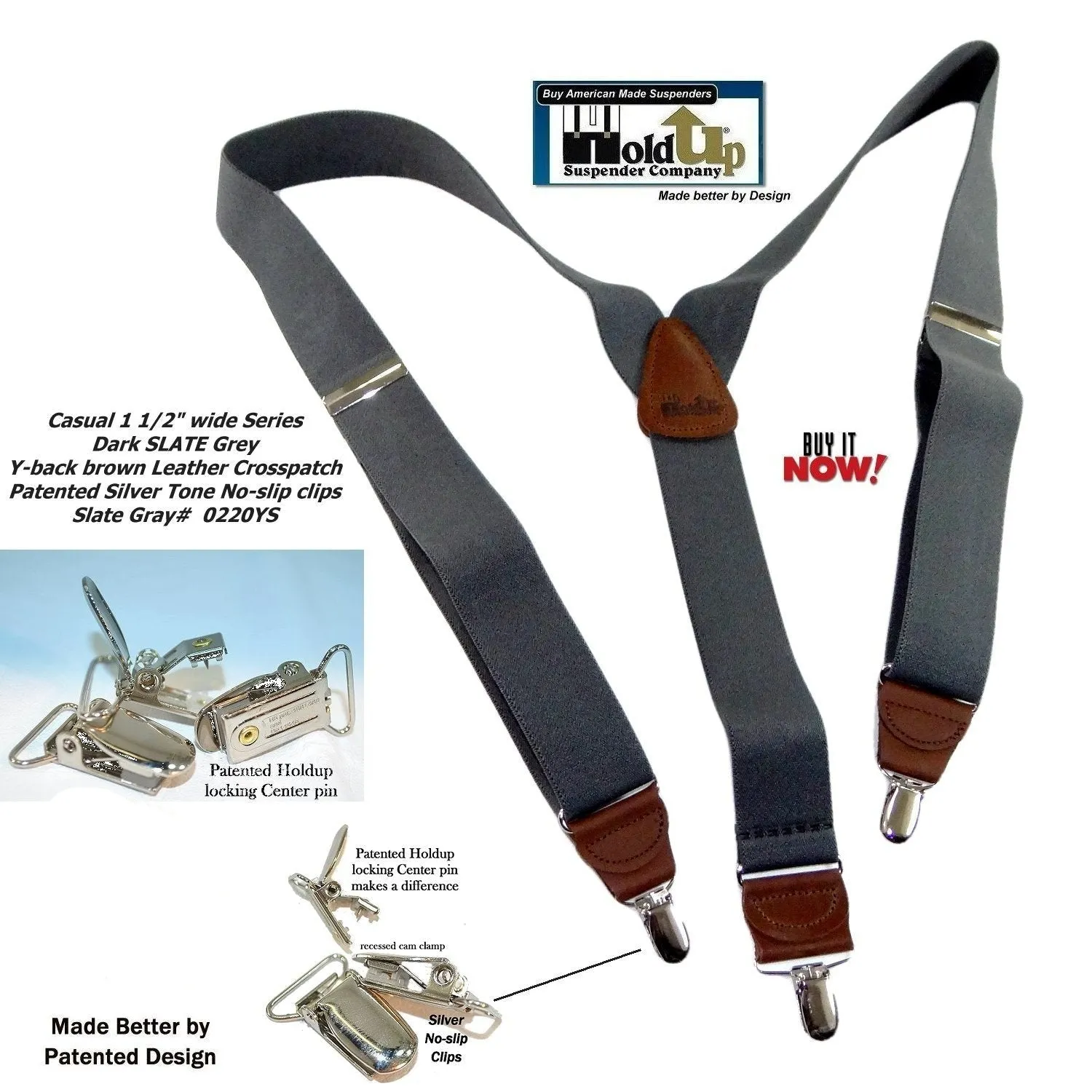 HoldUp Suspender Dark Slate Gray Y-back Suspenders with USA Patented No slip Silver Clips