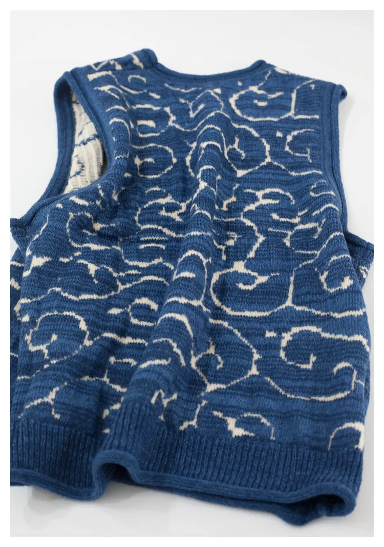 Japanese retro knitted vest blue vintage Crew Neck Pullover Sweater s