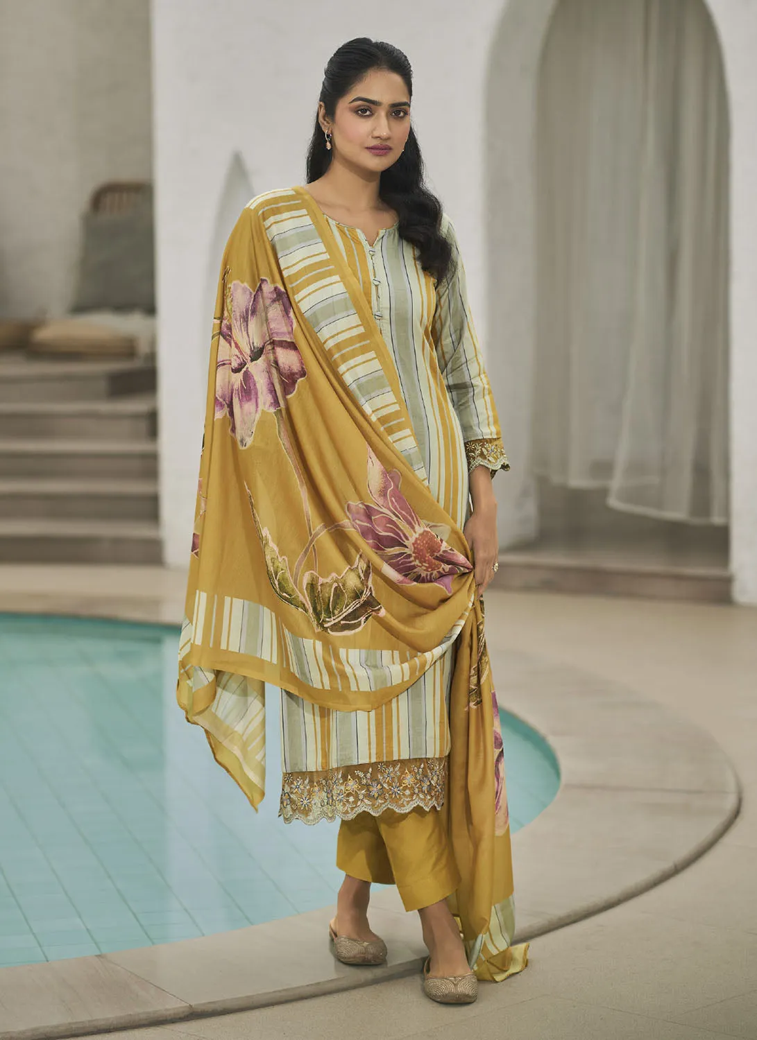 Kilory Yellow Unstitched Cotton Salwar Suit Material with Fancy Work