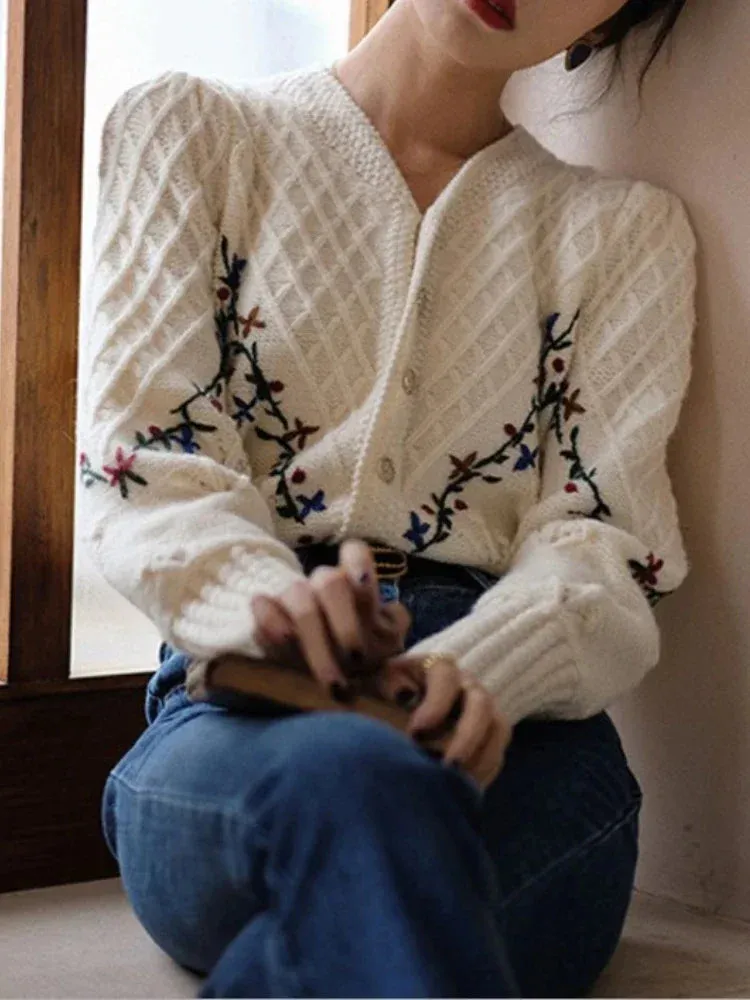 Knitted Cardigan Sweater Women Embroidery Hook Flower Vintage Sweaters Coat Women's Autumn Winter New Fashion Long Sleeve Top