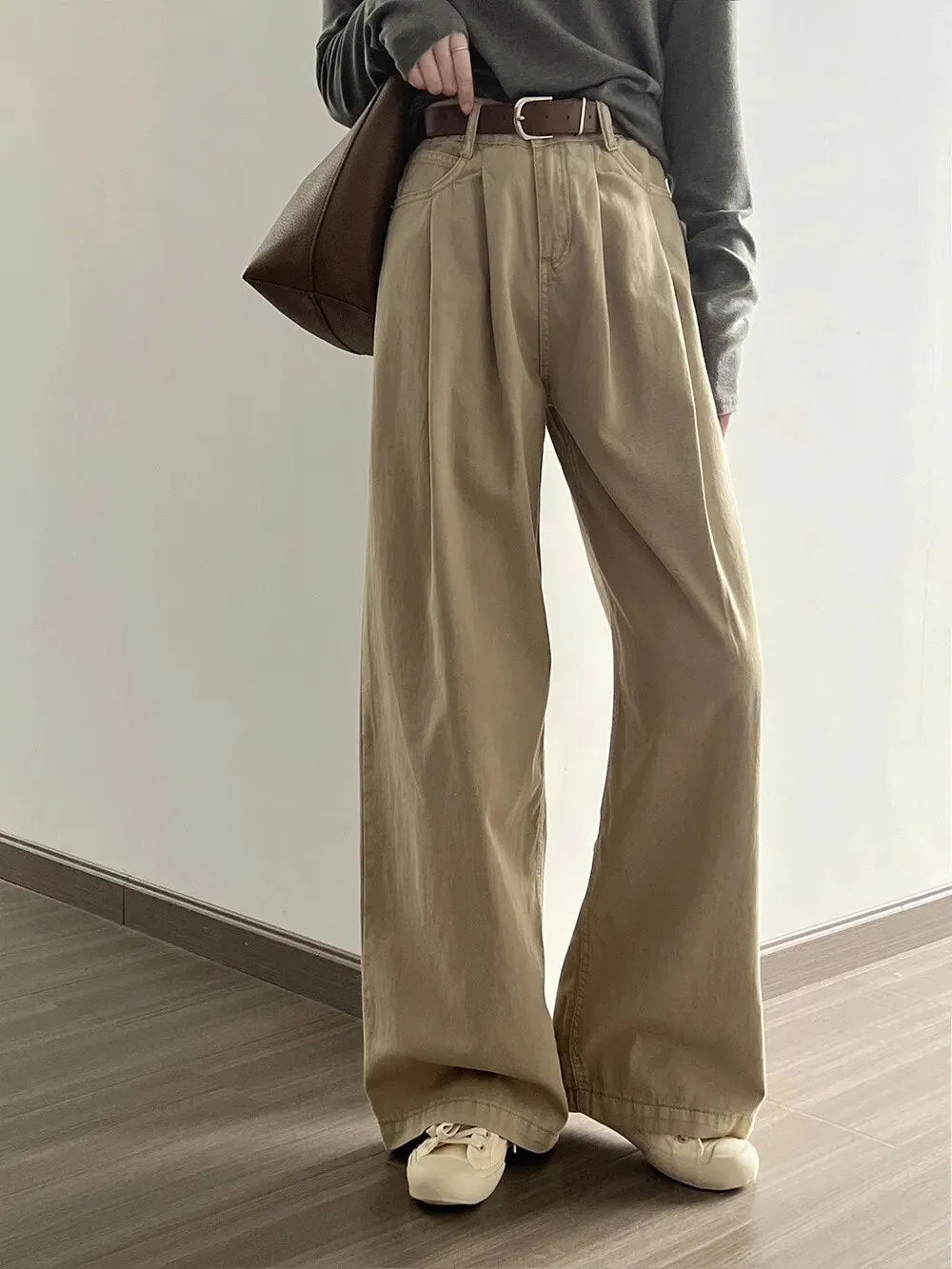 [Korean Style] High Quality Pleated Wide Leg Washed Jeans