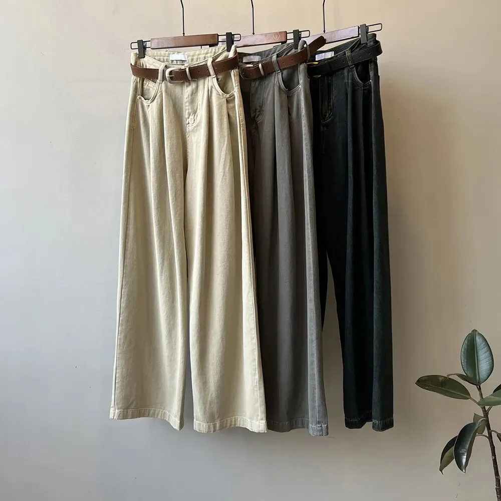 [Korean Style] High Quality Pleated Wide Leg Washed Jeans