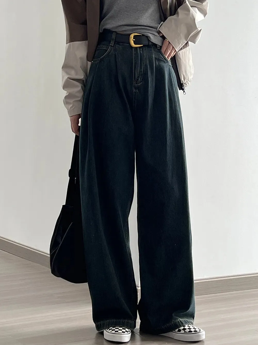 [Korean Style] High Quality Pleated Wide Leg Washed Jeans