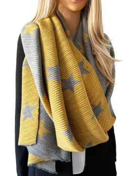 LARGE MUSTARD YELLOW STAR THICK REVERSIBLE WINTER SHAWL BLANKET SCARF