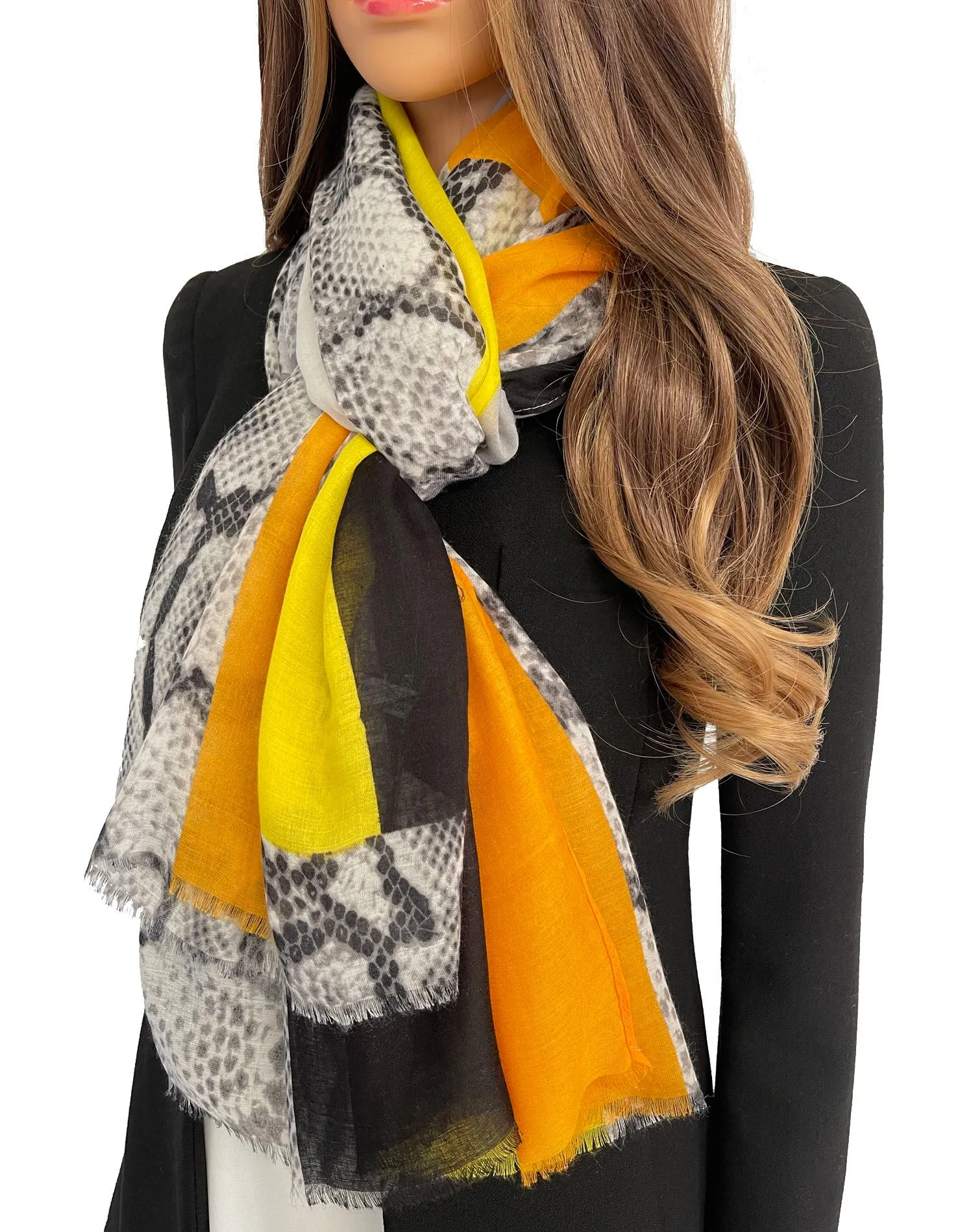 LONG MUSTARD YELLOW BLOCKS SNAKESKIN PRINT LIGHTWEIGHT SHAWL SCARF