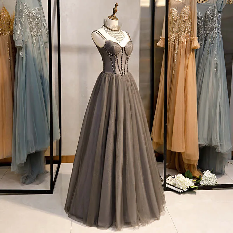 Long Prom Dresses Grey Tulle Prom Dress Corset With Beaded Neck A Line