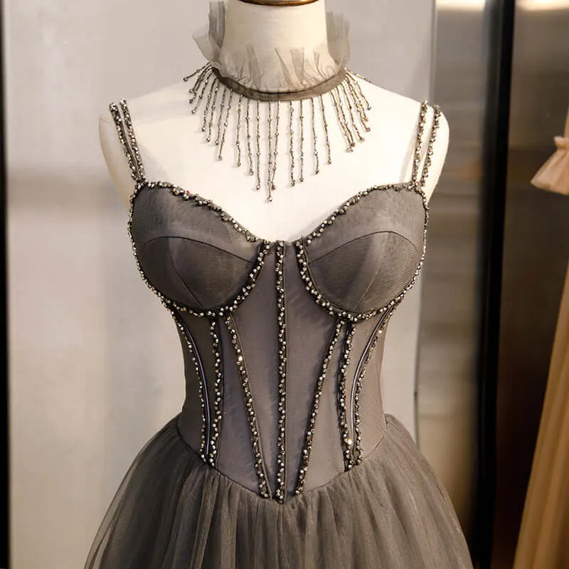 Long Prom Dresses Grey Tulle Prom Dress Corset With Beaded Neck A Line