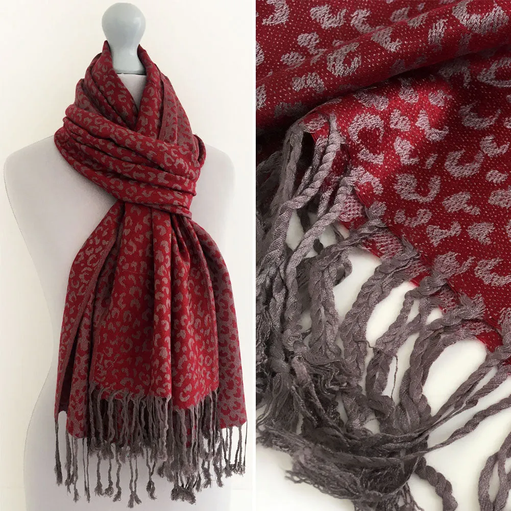 MAROON SMALL LEOPARD PRINT REVERSIBLE PASHMINA SHAWL SCARF