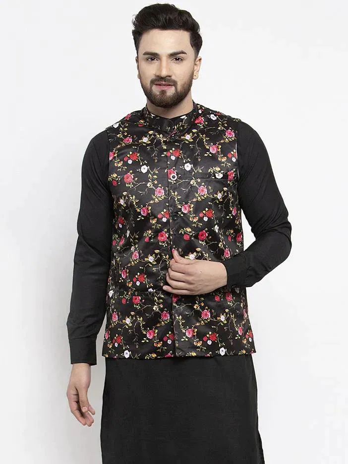 Men Black Printed Satin Nehru Jacket