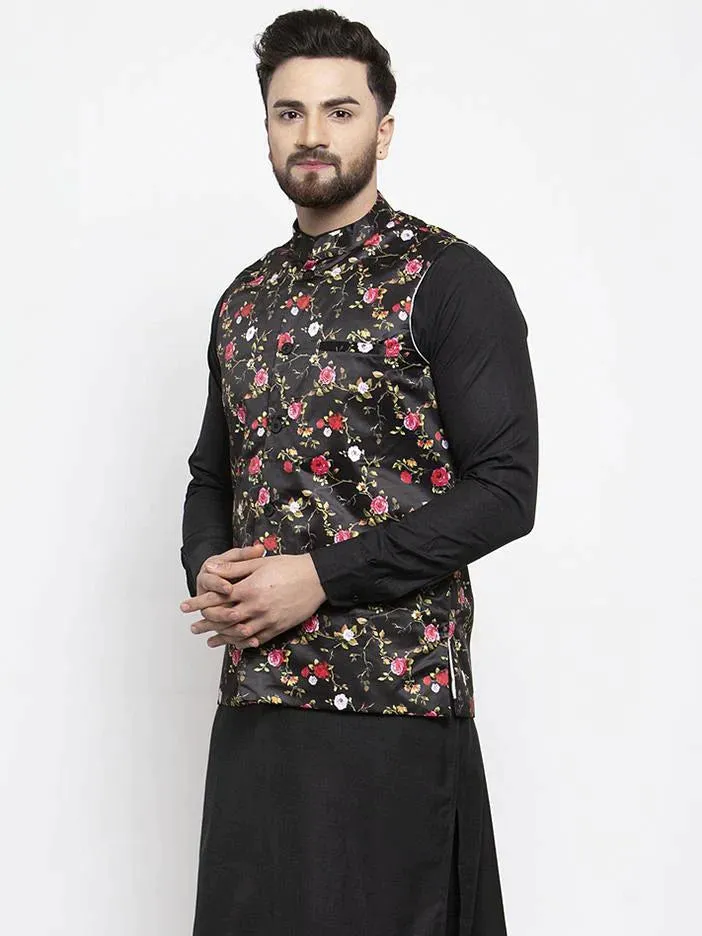 Men Black Printed Satin Nehru Jacket