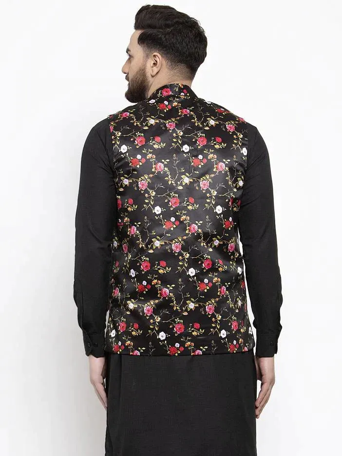 Men Black Printed Satin Nehru Jacket