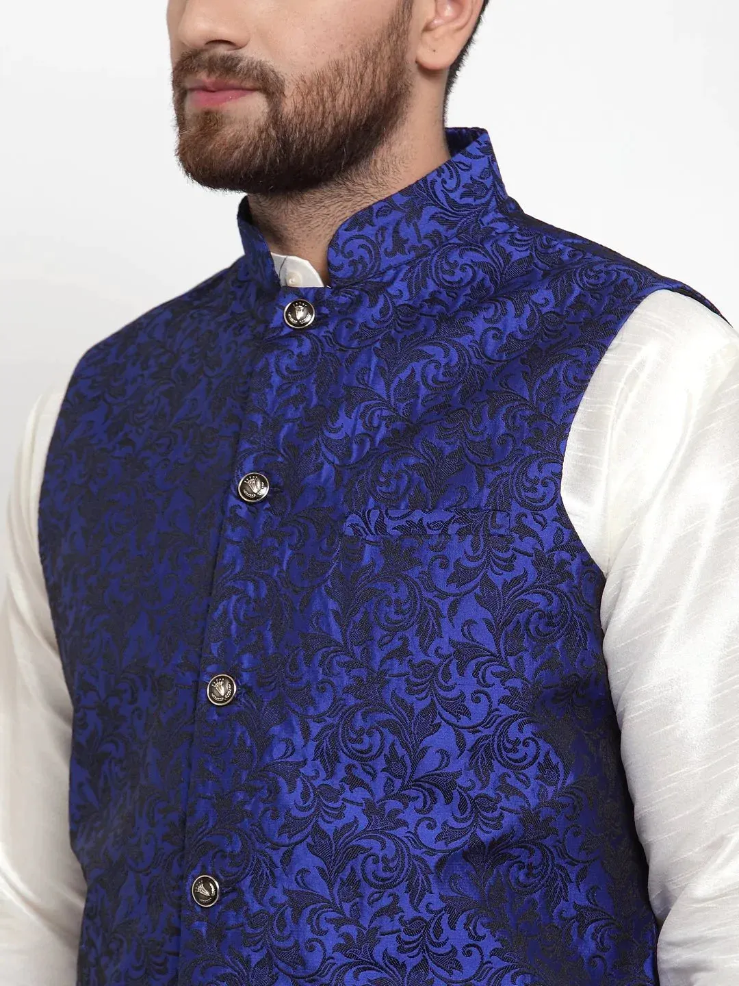 Men Blue-Coloured & Black Woven Design Nehru Jacket