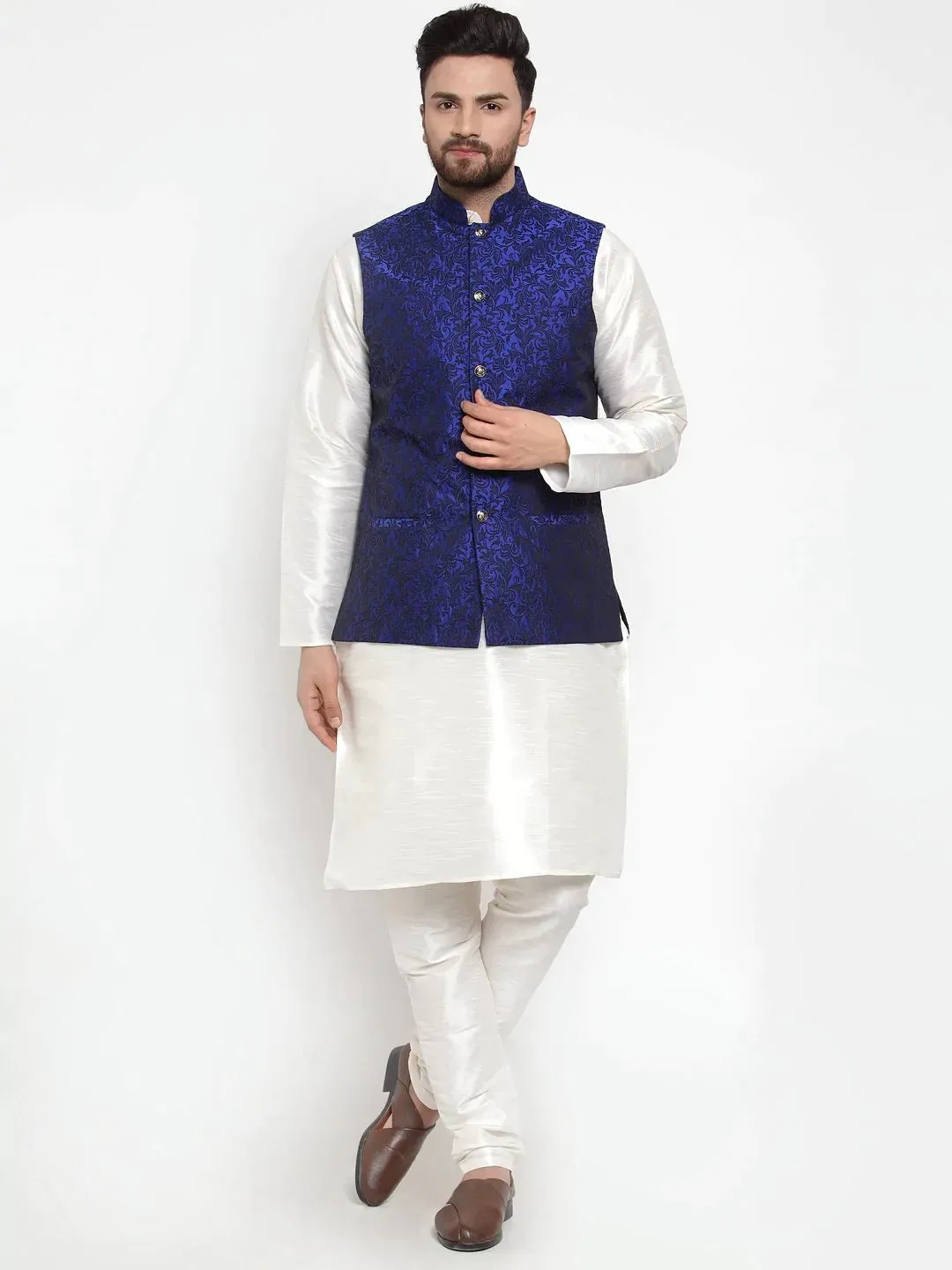 Men Blue-Coloured & Black Woven Design Nehru Jacket