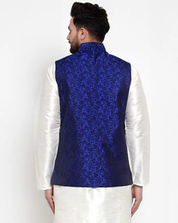 Men Blue-Coloured & Black Woven Design Nehru Jacket