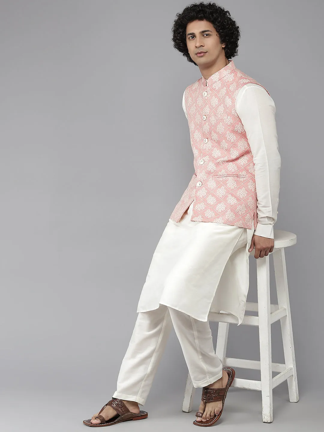 Men Coral& White Woven Jacquard Neharu Jacket