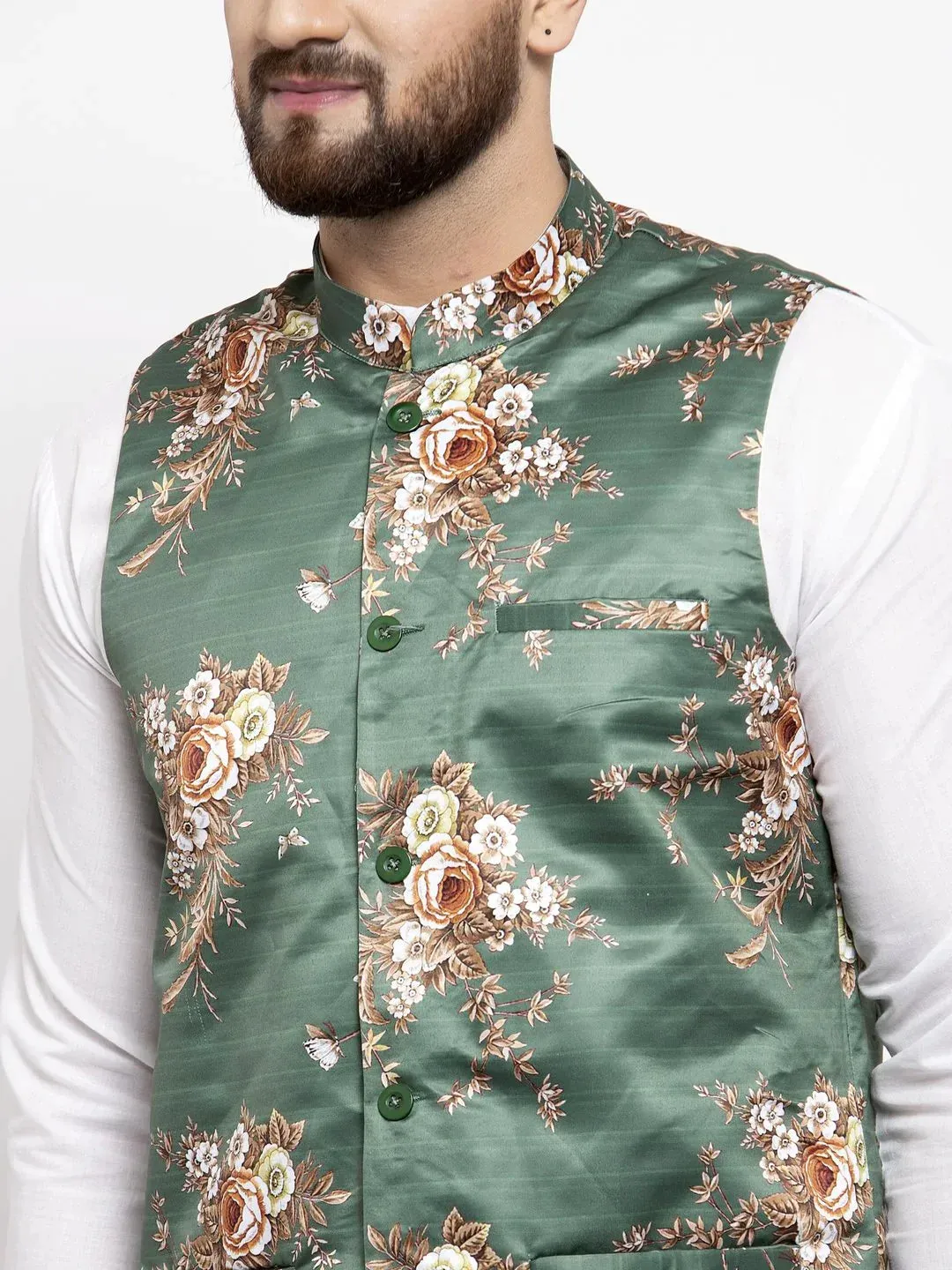 Men Green & Brown Printed Satin Nehru Jacket