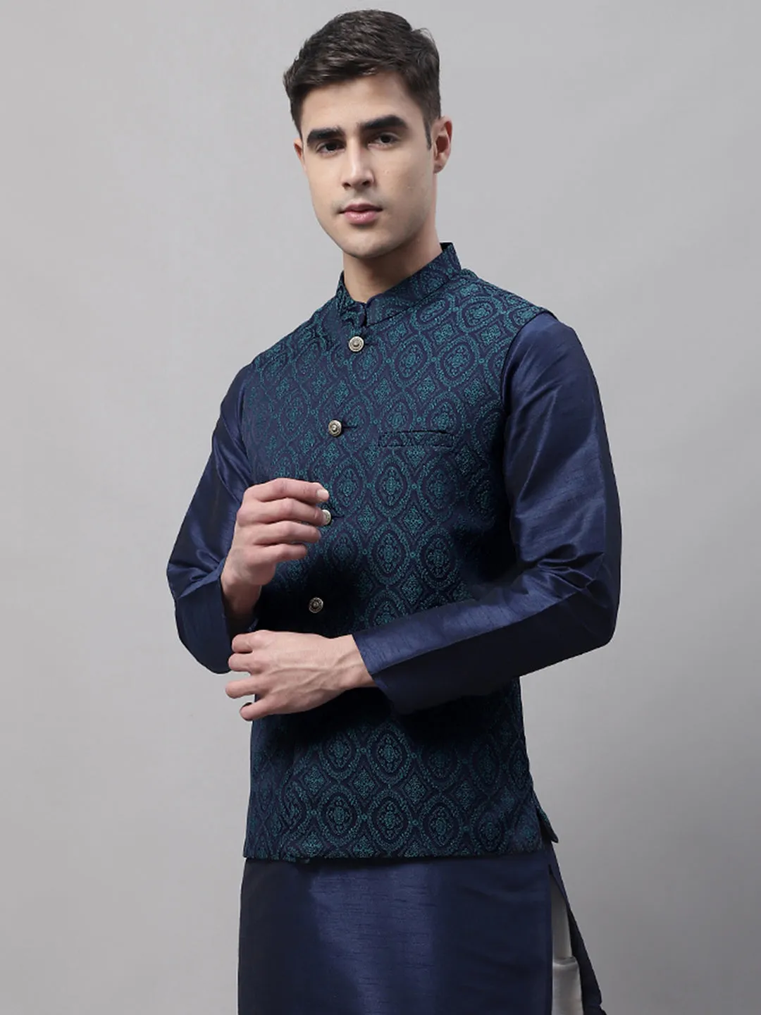 Men Navy Blue And Green Woven Design Waistcoats