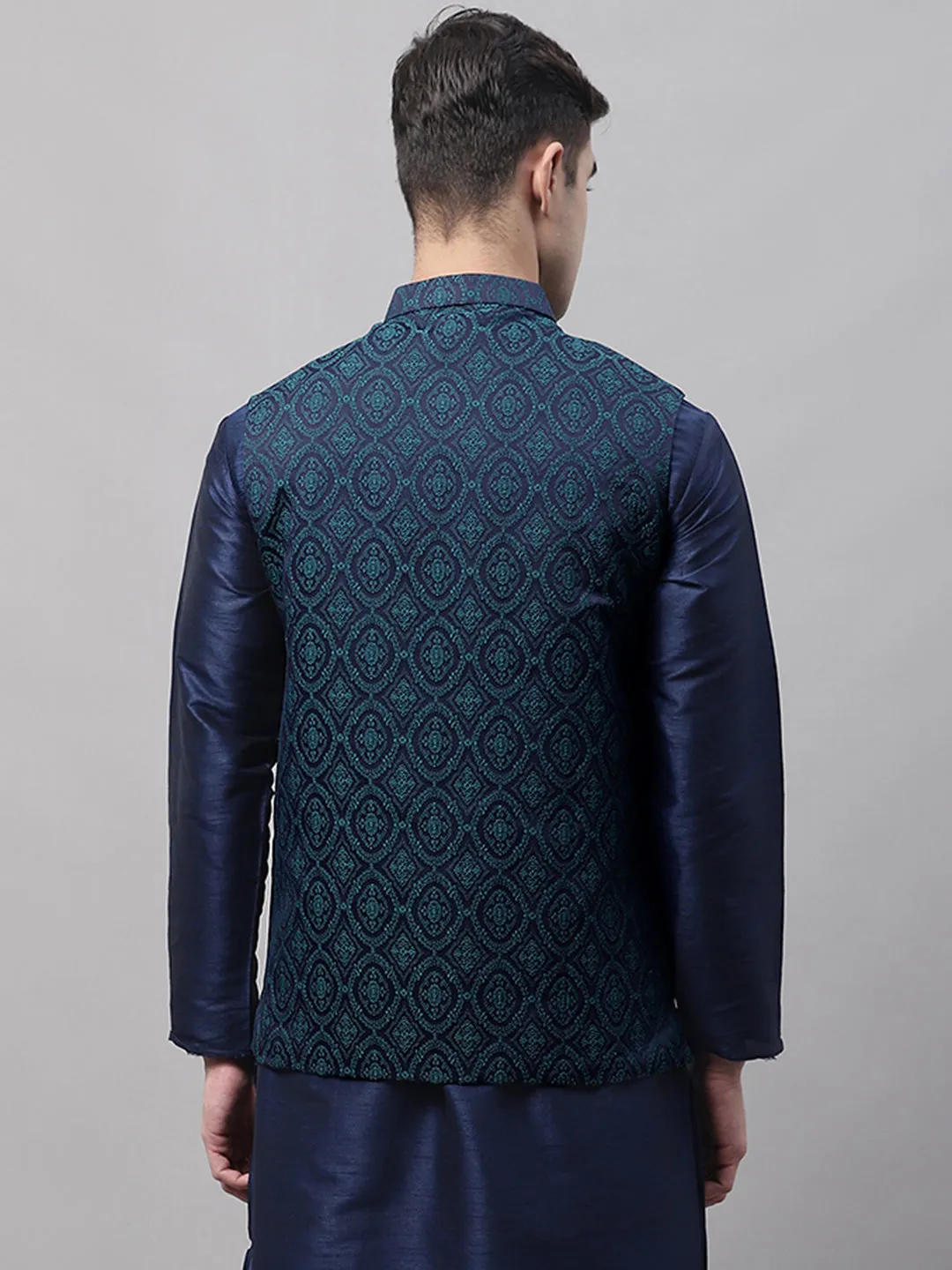 Men Navy Blue And Green Woven Design Waistcoats