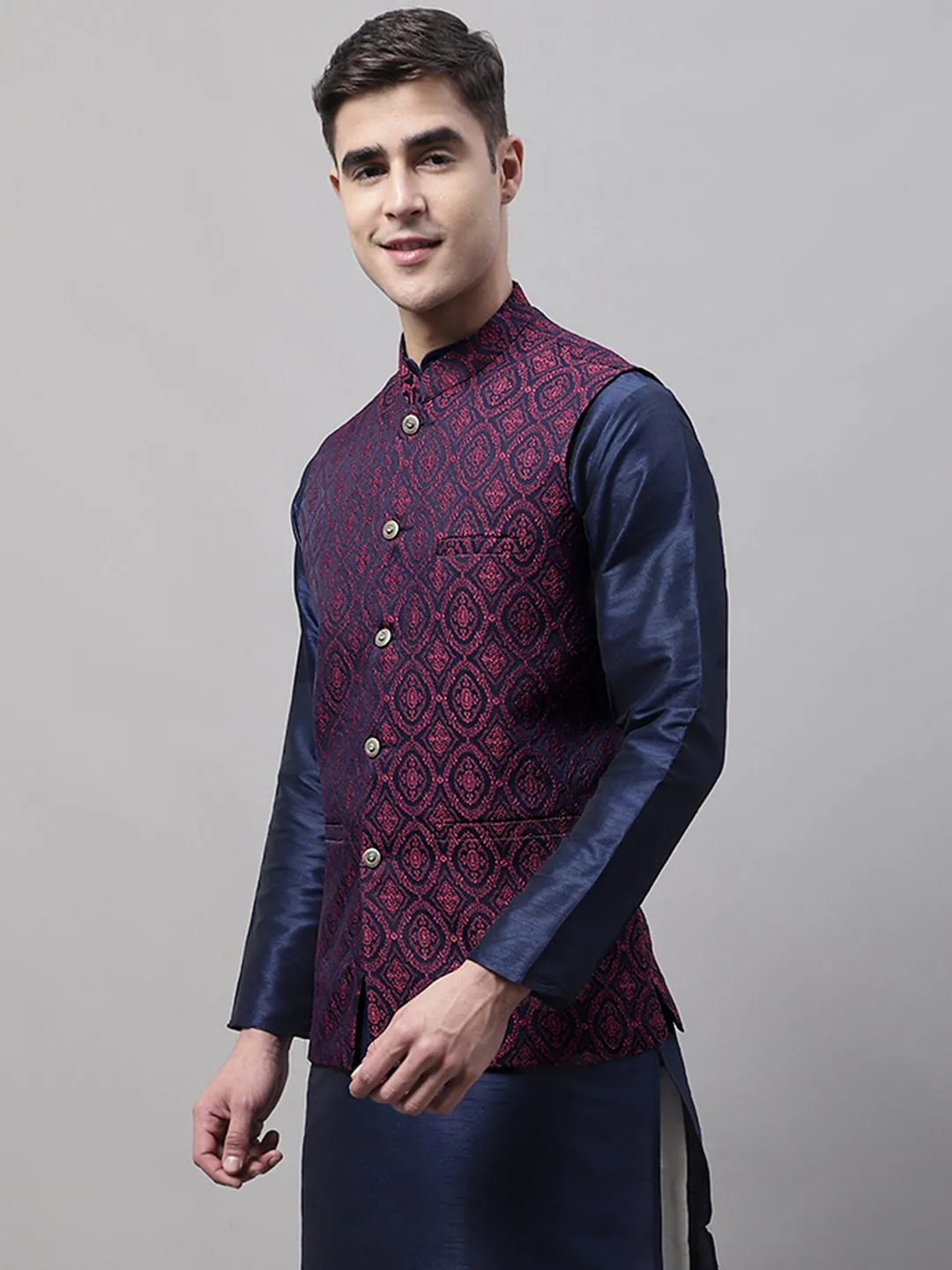 Men Navy Blue And Maroon Woven Design Waistcoats