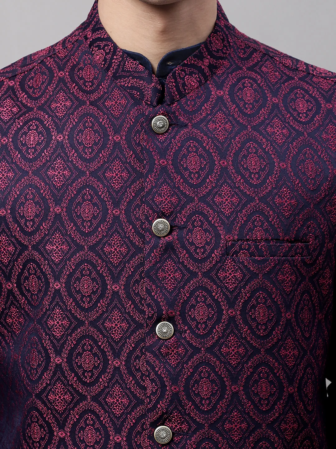 Men Navy Blue And Maroon Woven Design Waistcoats