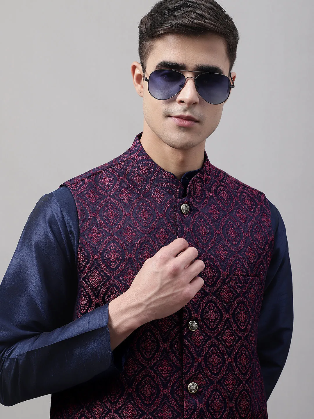 Men Navy Blue And Maroon Woven Design Waistcoats