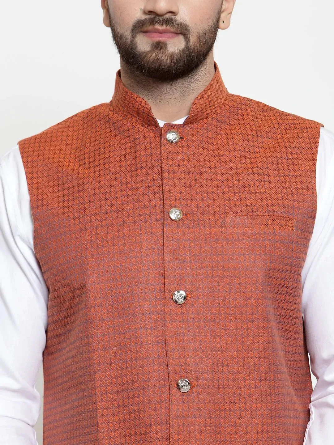 Men Orange Woven Design Nehru Jacket