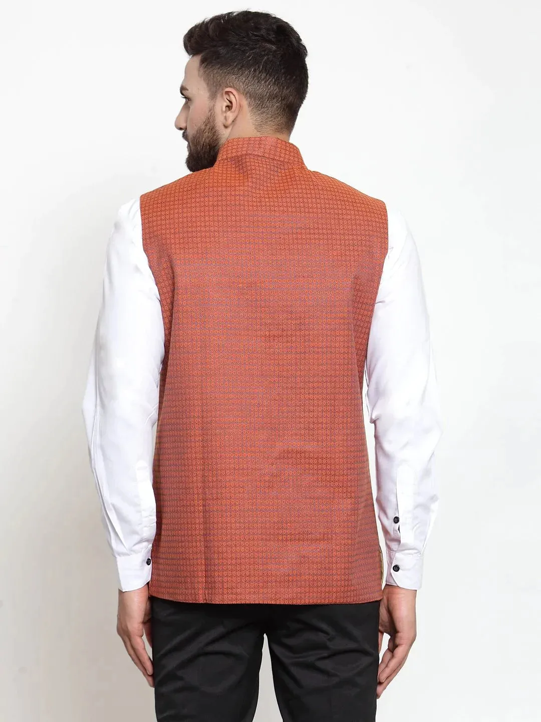 Men Orange Woven Design Nehru Jacket