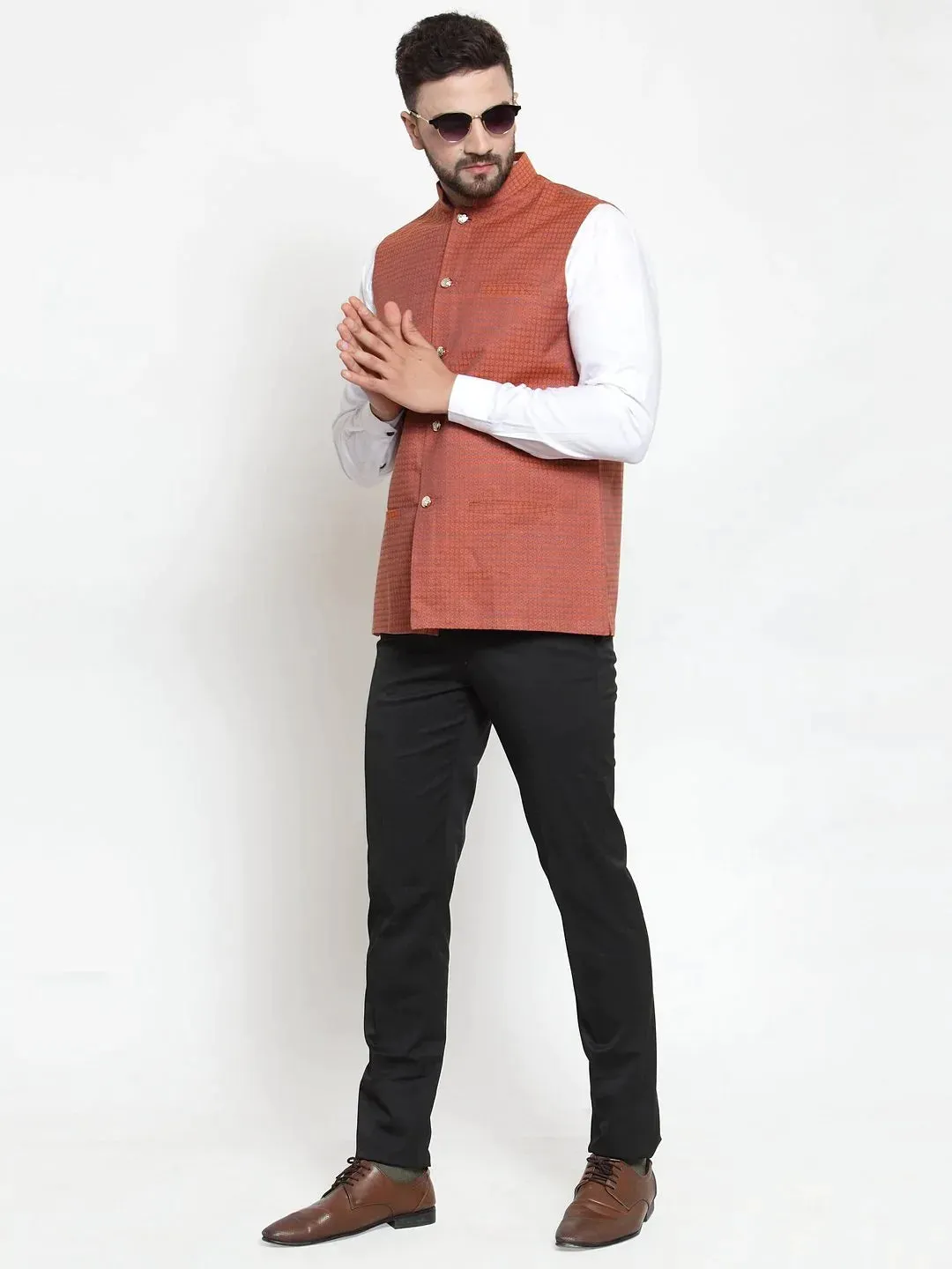 Men Orange Woven Design Nehru Jacket