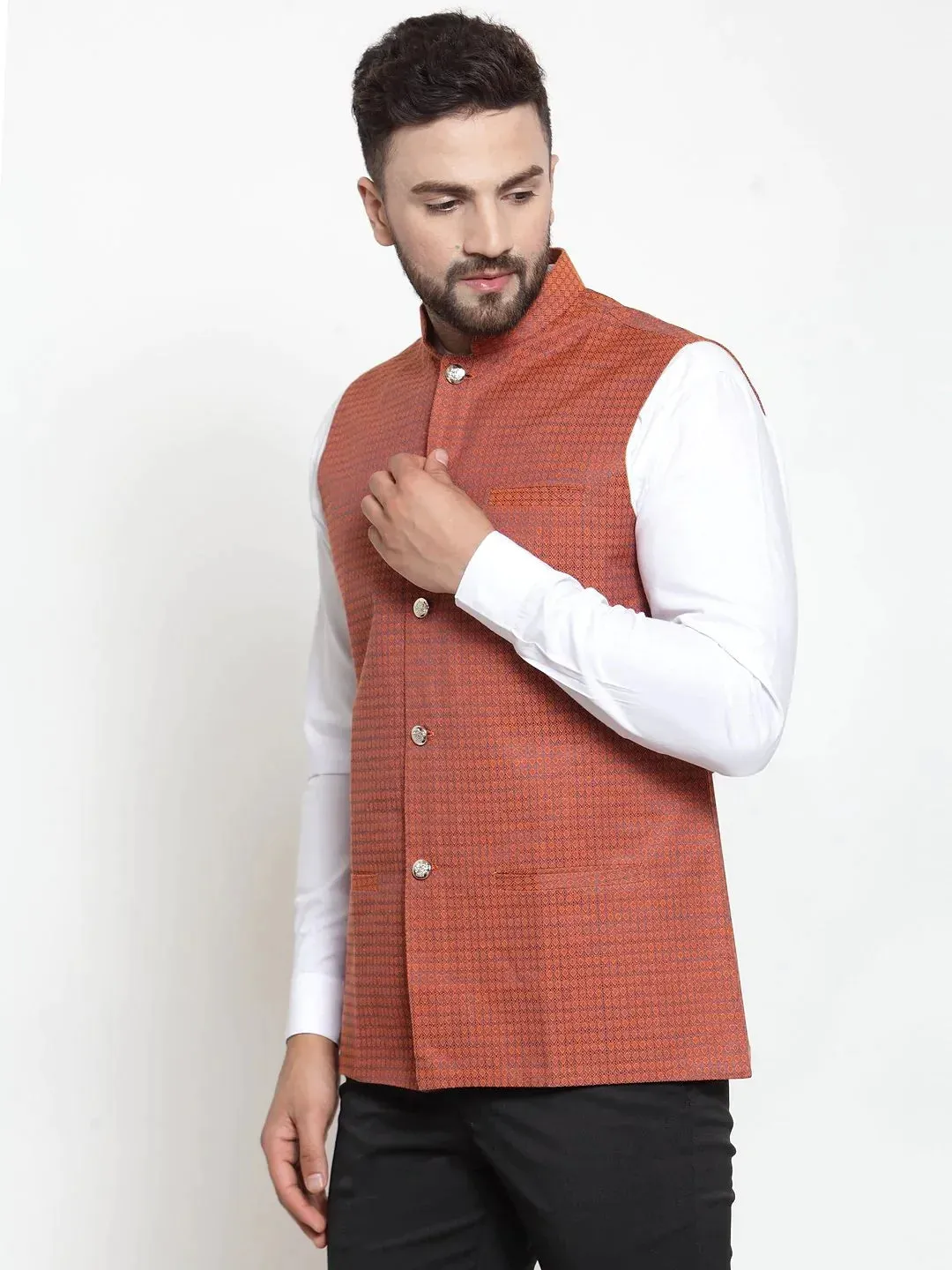 Men Orange Woven Design Nehru Jacket