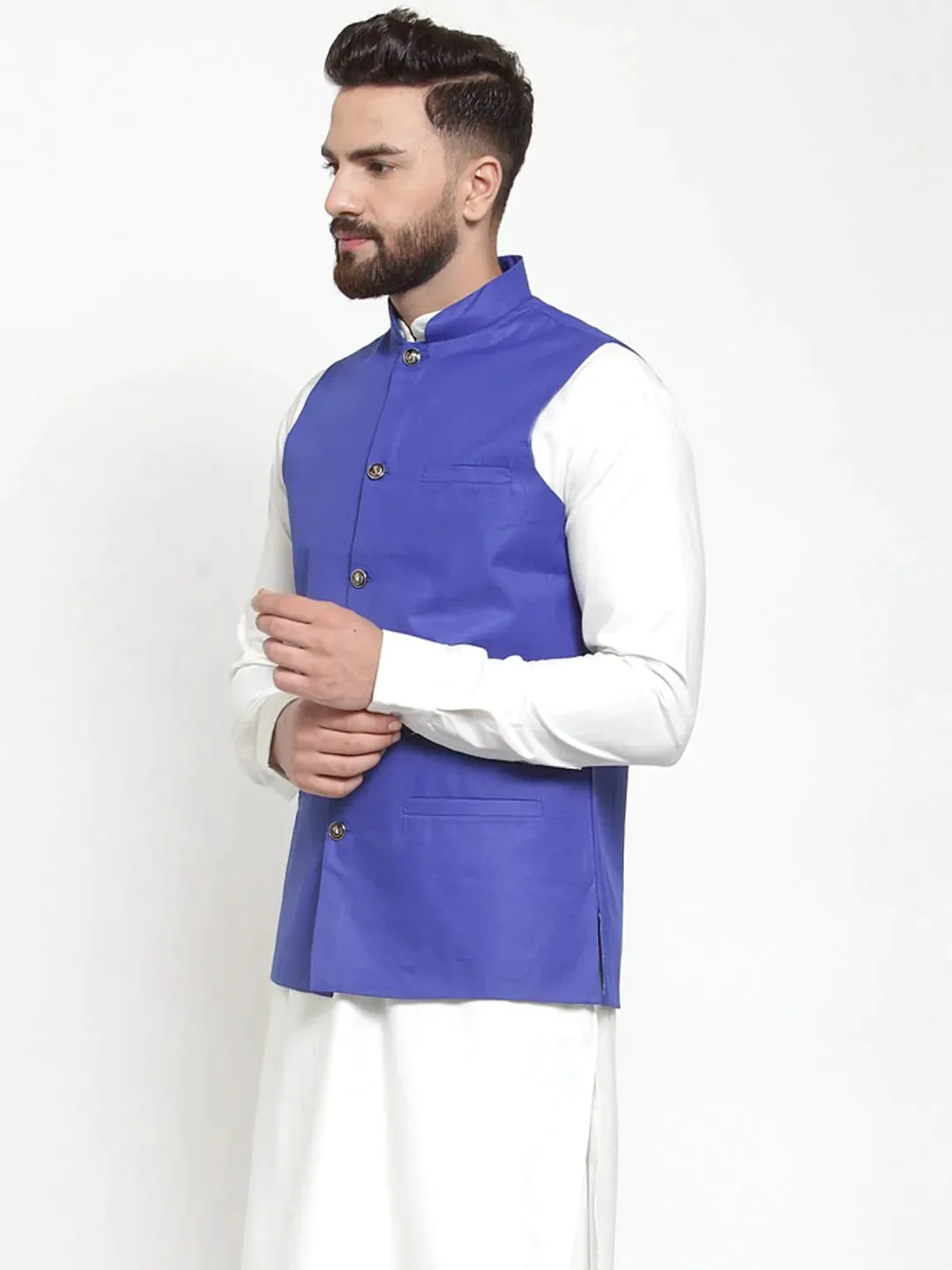 Men Royal-Blue Solid Nehru Jacket