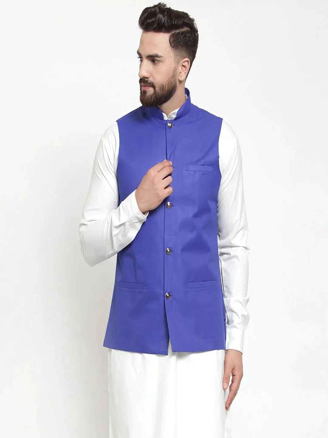 Men Royal-Blue Solid Nehru Jacket