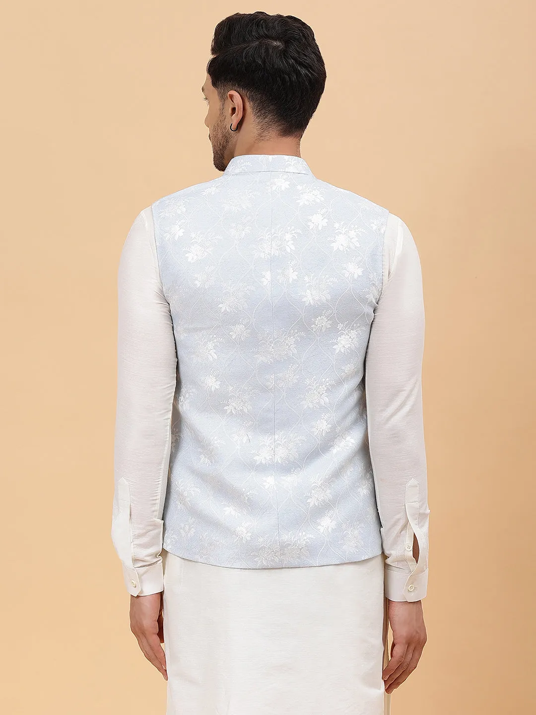 Men Sky Blue & Gold Woven Design Jacquard Neharu Jacket