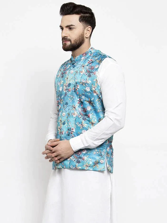 Men Sky-Blue Printed Satin Nehru Jacket